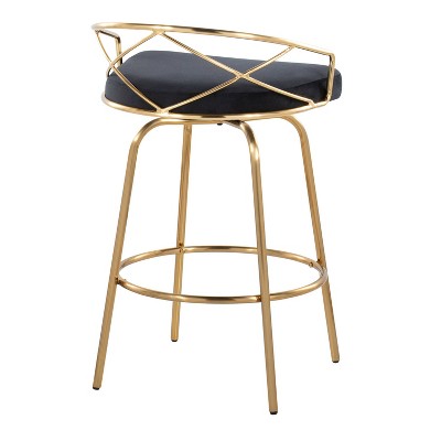 Charlotte 26" Black Velvet and Gold Metal Swivel Counter Stool Set