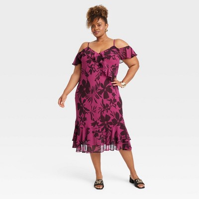 Women's Flutter Midi A-Line Dress - Ava & Viv™ Purple Floral 3X