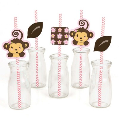 Big Dot of Happiness Pink Monkey Girl Paper Straw Decor - Baby Shower or Birthday Party Striped Decorative Straws - Set of 24