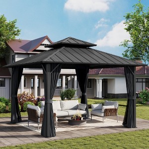 HAPPATIO Outdoor Hardtop Gazebo, Double Galvanized Steel Roof Gazebo with Aluminum Frame, Curtains and Netting - 1 of 4