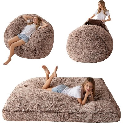 MAXYOYO Giant Bean Bag Bed - Long Faux Fur Bean Bag Turn into Bed, Coffee