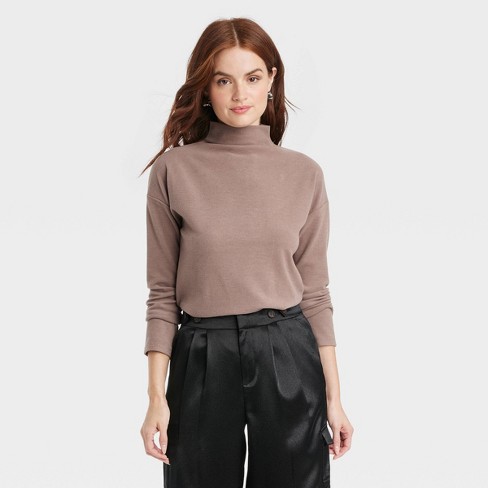 Women's Long Sleeve Mock Turtleneck T-Shirt - A New Day™ Taupe XS