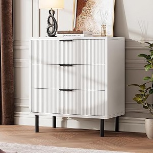 Wave Fluted 3 Drawer Dresser, 28'' Wide Chest of Drawers with Anti-Tipping Device, Tall Wood Nightstand with Storage and Metal Legs for Bedroom - 1 of 4
