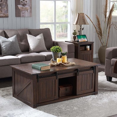 Rustic Brown Wood Lift-Top Coffee Table with Sliding Barn Door