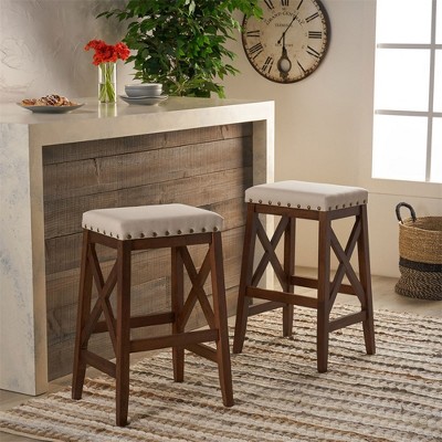 Bar Stools Set Of 2, Modern Backless Fabric Upholstered Saddle Stools, Counter Height Bar Stool With Solid Wood Legs For Dining Room, Beige