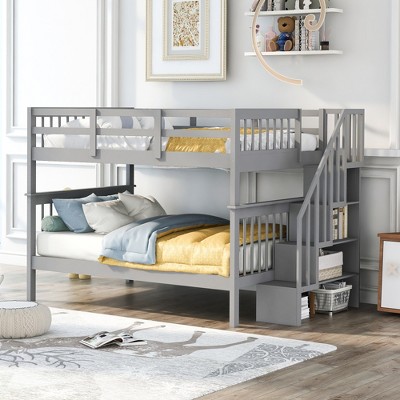 JUJABU Stairway Full-Over-Full Bunk Bed with Storage and Guard Rail for Bedroom, Dorm