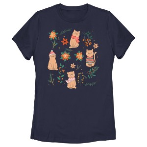 Women's Lost Gods Christmas Floral Cats T-Shirt - 1 of 4