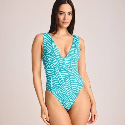 Vitamin A Women's Plunge Full Coverage One Piece Swimsuit - Jade Print S: Botanical Leaf Pattern, Deep V Neck, Removable Padding