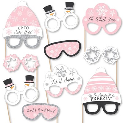 Big Dot of Happiness Pink Winter Wonderland Glasses & Headpieces - Paper Cardstock Snowflake Birthday Party Baby Shower Photo Booth Props Kit - 10 Ct