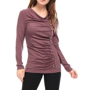 Allegra K Women's Cowl Neck Long Sleeves Buttons Decor Solid Ruched Top - 1 of 4