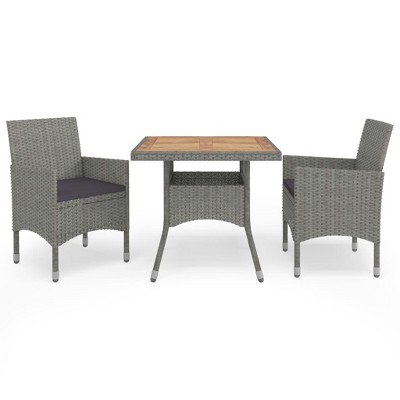 vidaXL 3 Piece Patio Dining Set Gray Poly Rattan and Acacia Wood
