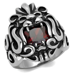 Slickblue Men’s Lion Ring Silver Stainless Steel, Garnet CZ Stone, Ornate Detail, Animal Theme, Size 8–13 - 1 of 4