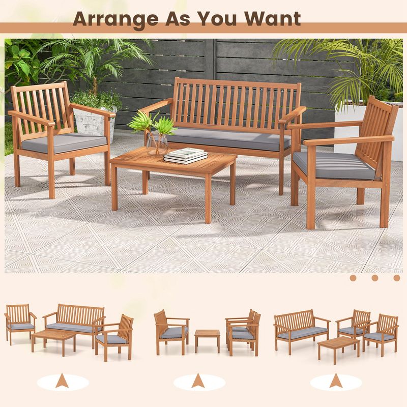 Costway 4 PCS Patio Wood Furniture Set with Loveseat, 2 Chairs & Coffee Table for Porch White/Grey/Navy, 5 of 11