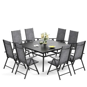 Captiva Designs 9pc Spacious Slat-top Square Metal Table with Umbrella Hole & Reclining Foldable Sling Chairs - 1 of 4