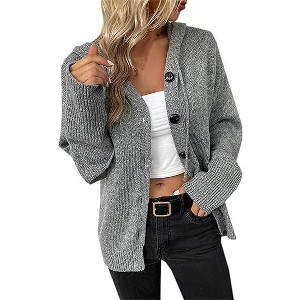 Women's Hooded Cardigan Sweaters Casual V Neck Button Down Long Sleeve Knit Cardigans Coat - 1 of 4