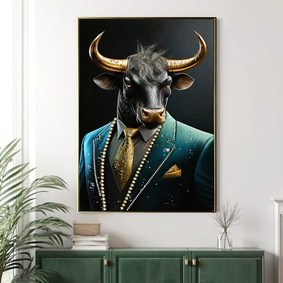 KTMBDW Gold - Horned Bull Framed Wall Art ¨C Distinctive Decor Premium Gallery Wrapped Artwork for Any Room