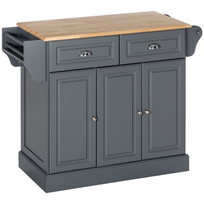 HOMCOM Kitchen Island on Wheels, Rolling Kitchen Cart with Rubber Wood Top, Towel Rack, Spice Rack, Storage Drawer and Cabinet