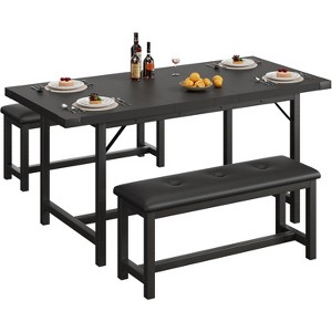 Industrial Expandable Dining Set with 2 Upholstered Benches - 47.2 to 63 inch Table, H-Frame Base, 550lb Capacity, Space-Saving for Compact Homes - 1 of 4