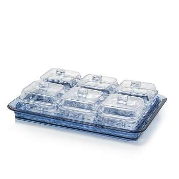 Elle Decor Acrylic Blue Tray w/ 6 Clear Bowls, Condiment Dishes, Serving Bowls, or Buffet Server, BPA Free, Perfect for Fruit, Appetizers, Chip & Dip