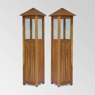 2pk Claudine 47" Standing Acacia Wood Candle Outdoor Lanterns Teak - Christopher Knight Home