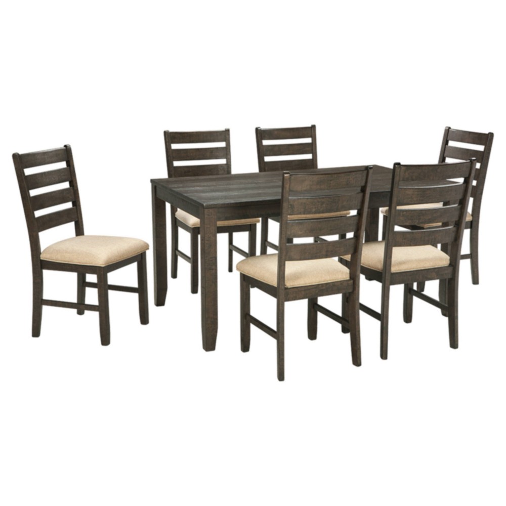 Photos - Dining Table Ashley Signature Design by  Rokane  Set Brown: 7-Piece, Upholstered Chairs, Wood Frame 