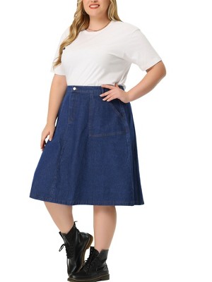 Agnes Orinda Women's Plus Size Button Down Casual A-Line Pockets Midi Jean Skirts