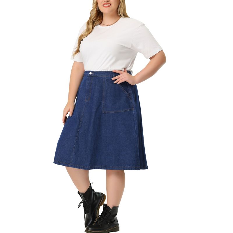 Agnes Orinda Women's Plus Size Button Down Casual A-Line Pockets Midi Jean Skirts, 1 of 6