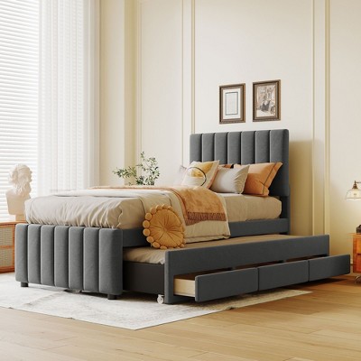 NicBex Twin Upholstered Bed Frame with Linen Headboard,Wood Platform Bed Frame with Trundle and 3 Drawers,No Box Spring Needed,Easy Assembly