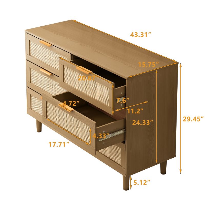 43.31" 6-Drawer Rattan Dresser for Living Room and Bedroom - ModernLuxe, 3 of 12