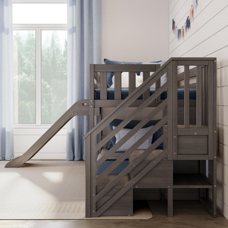 Max & Lily Twin Over Twin Low Bunk Bed with Slide and Stairs, Solid Wood Kids Platform Bed with 14” Guardrails, 4 of 8