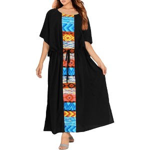 LA LEELA Women's House Daily Routine Evening Wear Vacation Casual Dailywear Holiday Loungewear Oversize Caftan Long Boho Sleepwear 2X-3X Black, Solid - 1 of 4
