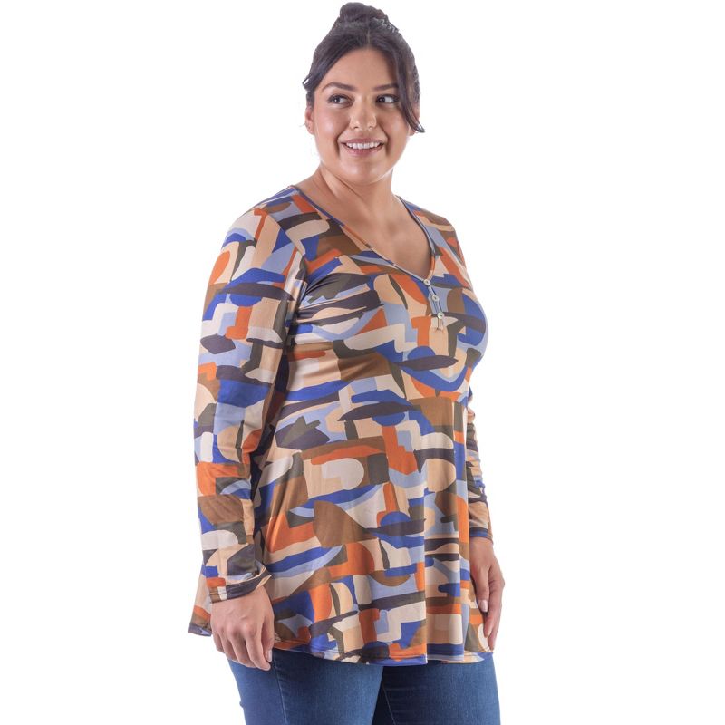 24seven Comfort Apparel Womens Orange Print Long Sleeve V Neck Plus Size Tunic Top, 2 of 5