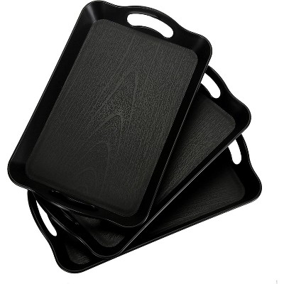 ATTOP 3 Pack Black Serving Trays with Handles,16 x 11IN Rectangular Non Skid Multi-Purpose Plastic OttomanTray for Restaurant, Parties,Table, Kitchen