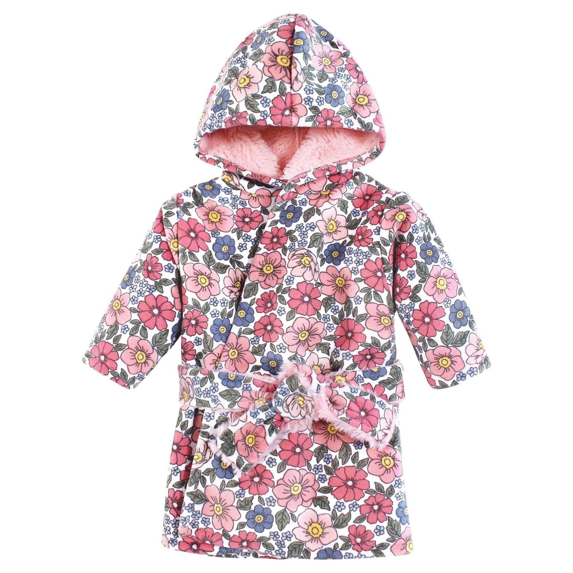 Hudson Baby Girls Mink with Faux Fur Lining Pool and Beach Robe Cover-ups, Pink Blue Pretty Floral, 6-12 Months