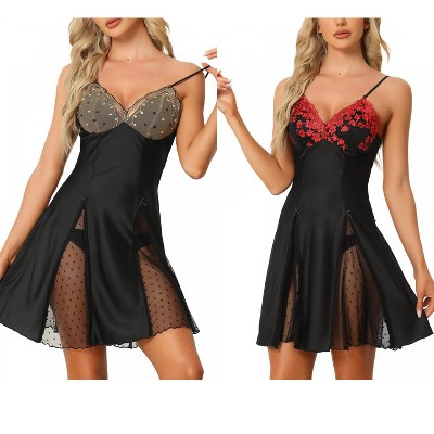 INSPIRE CHIC Women's 2 Pcs Lingerie Babydoll Satin Mini Chemise with Mesh Inset Sweet Nightgown