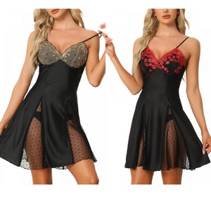 INSPIRE CHIC Women's 2 Pcs Lingerie Babydoll Satin Mini Chemise with Mesh Inset Sweet Nightgown - 1 of 4