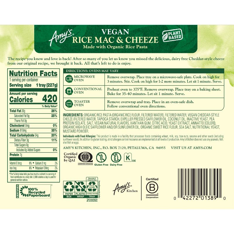 Amy&#39;s Organic Gluten Free and Vegan Frozen  Rice Macaroni and Cheese - 8oz, 4 of 6