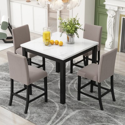 VYNXARIA 5-Piece Metal Dinette Set with Laminated Off-white Faux Marble Top, 4 Black Chairs