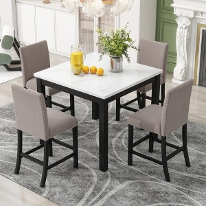 Oversart 5-piece Counter Height Dining Table Set with One Faux Marble Top Dining Table and Four Velvet-Upholstered Chairs,Brown - 1 of 4