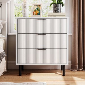 Wave Fluted 3 Drawers Dresser, 30'' Tall Wood Nightstand, Modern Chest of Drawers, Wide Side Table with Black Metal Legs for Bedroom Hallway, White - 1 of 4