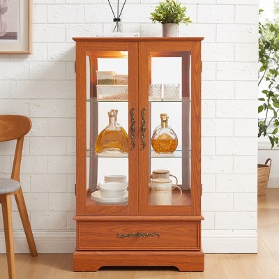 Lighted Glass Display Curio Cabinet with Adjustable Shelves,2-Door 1-Drawer,Mirrored Back for Living Room Storage-Baofuwish