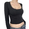 Women's Lace Trim Square Neck Long Sleeve T-Shirt Slim Fit Crop Tops - 2 of 4