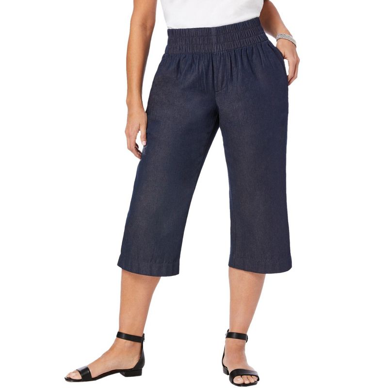 Jessica London Women's Plus Size Wide-Leg Crop Chambray Pants, 1 of 2