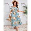 YESFASHION Women Plus Size Maxi Dress Floral Casual Dress Short Sleeve Long Dress Ruffle Pleated High Waist Square Neck Summer Dress - 2 of 4