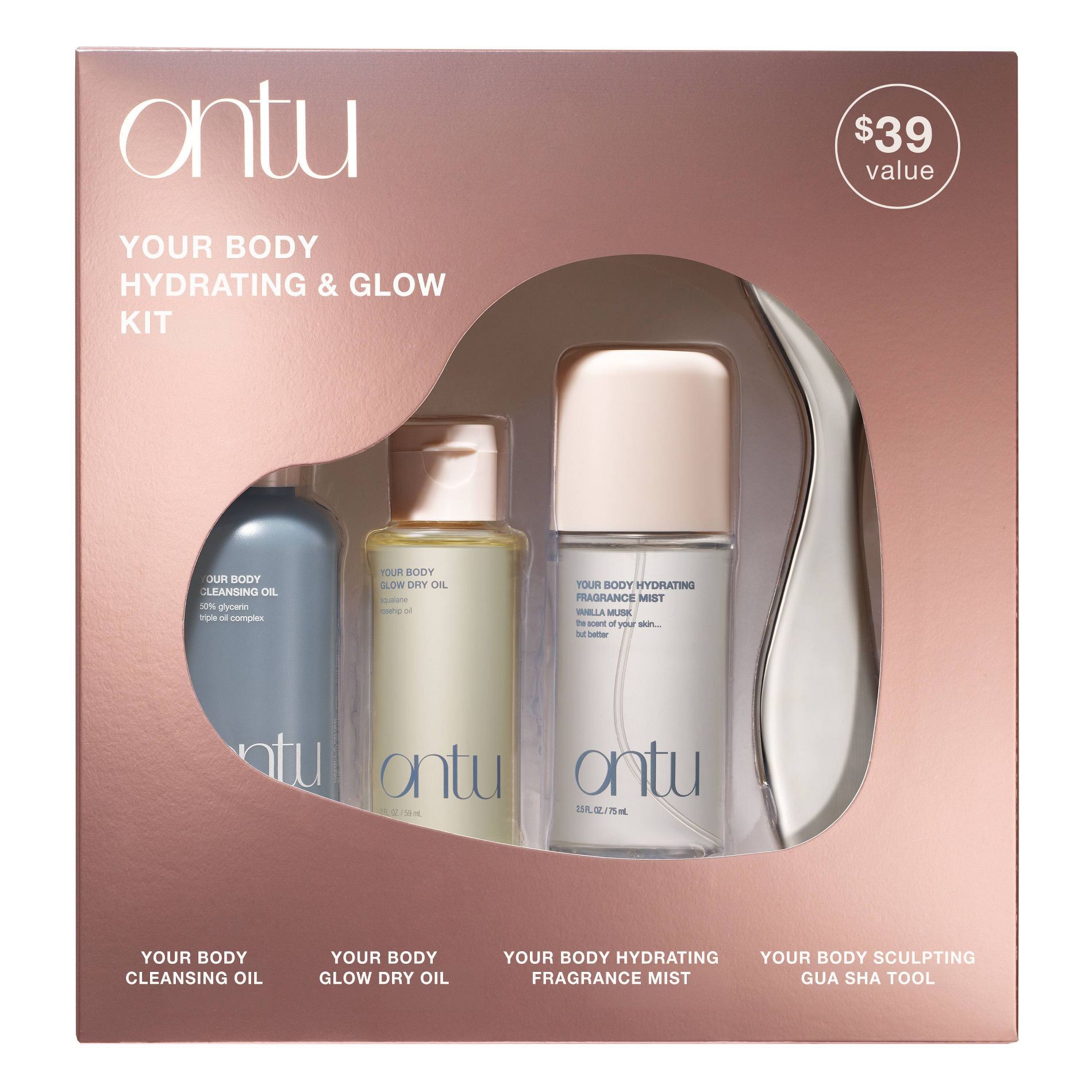 Ontu Mini Hydrating & Glow Body Care Gift Set with Gua Sha, Cleansing Oil, Body Oil & Body Mist - 4pc