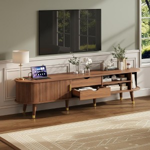 Polibi Mid-Century Modern Wooden Oval Fluted TV Stand with Charging Station - 1 of 4