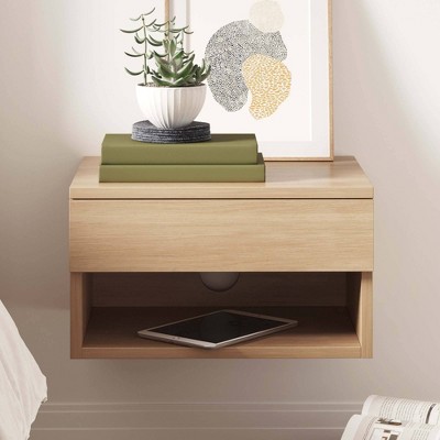 Light Oak Floating Wall-Mount Nightstand with Drawer and Shelf