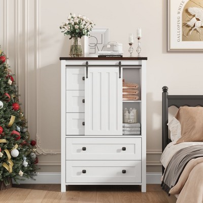 Farmhouse 5 Drawer Dresser for Bedroom, 48" Tall Wood Dresser Chest of Drawer with Sliding Barn Door