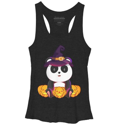 Women's Design By Humans Cute Panda Mock up Witch With Jack O Lantern Halloween T-Shirt By thebeardstudio Racerback Tank Top