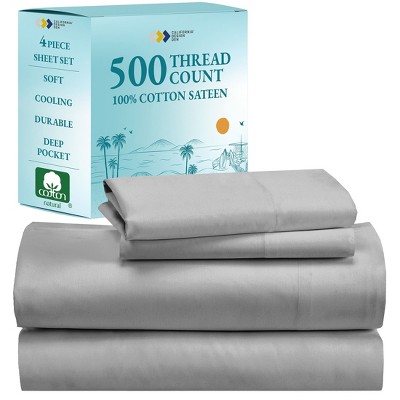 Luxury 500 Thread Count Bed Sheets Set - 100% Cotton Sateen Sheets Set, Soft, Cool & Breathable, Deep Pocket by California Design Den
